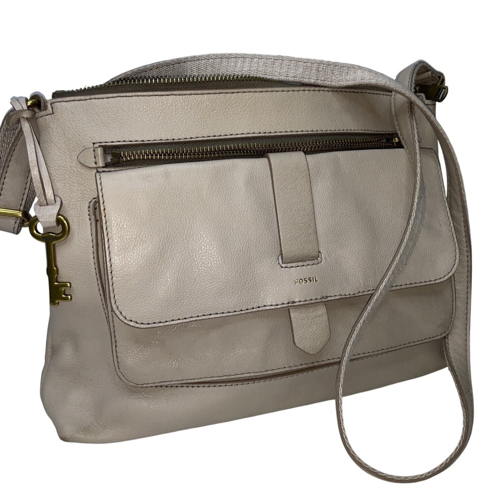 Fossil Kinley Crossbody Shoulder Bag Light Gray Pebbled Leather Purse Handbag